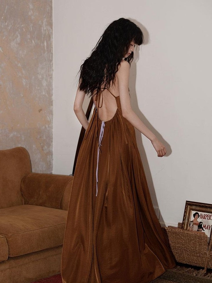 Western Embroidered Open Back Dramatic Flare Women's Cupro Slip Maxi Dresses