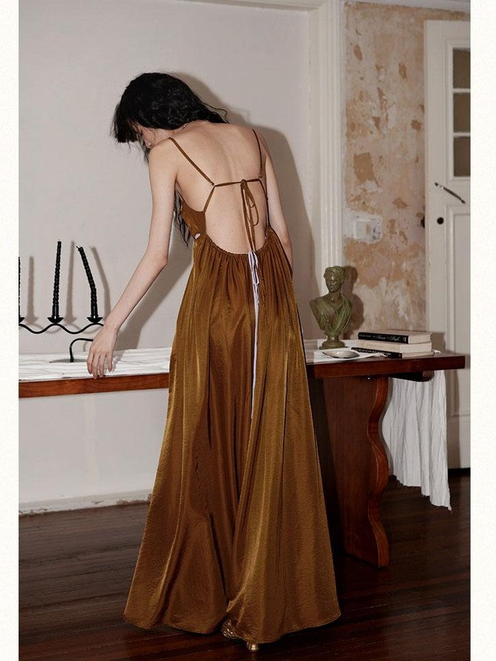 Western Embroidered Open Back Dramatic Flare Women's Cupro Slip Maxi Dresses