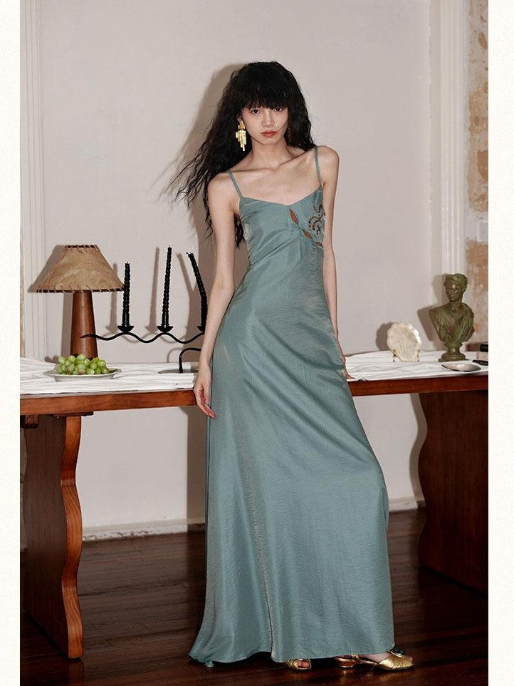Western Embroidered Open Back Dramatic Flare Women's Cupro Slip Maxi Dresses
