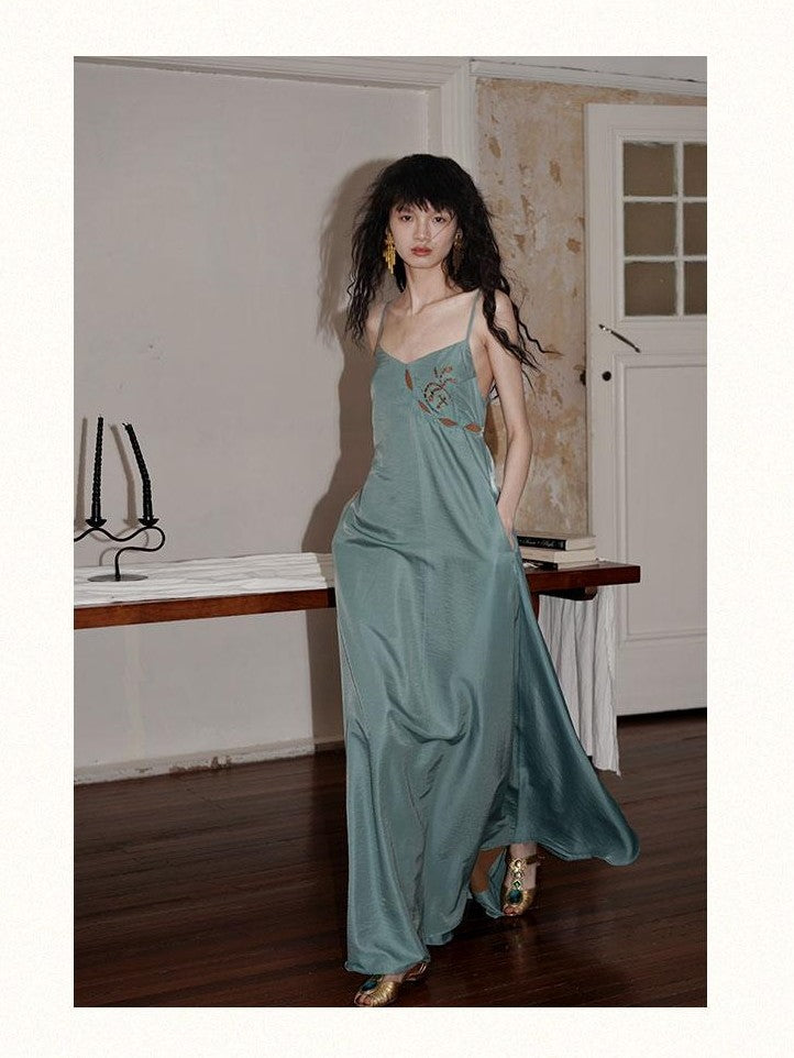 Western Embroidered Open Back Dramatic Flare Women's Cupro Slip Maxi Dresses
