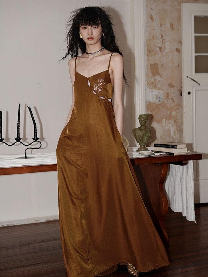 Western Embroidered Open Back Dramatic Flare Women's Cupro Slip Maxi Dresses