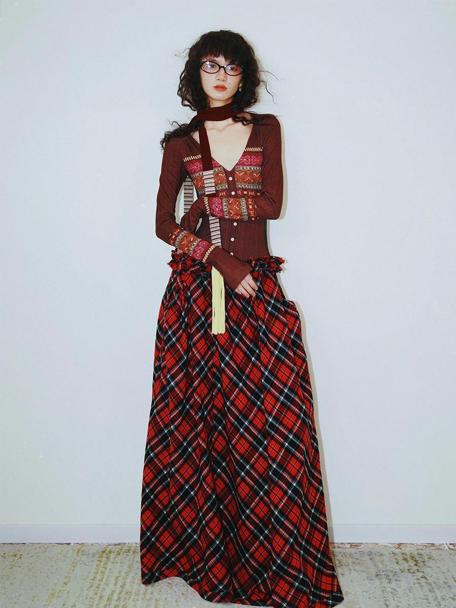 badtaste Western Fair Isle Print Plaid Patchwork Women's Cotton Casual Maxi Dresses