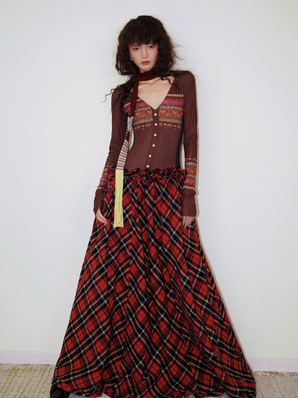 badtaste Western Fair Isle Print Plaid Patchwork Women's Cotton Casual Maxi Dresses