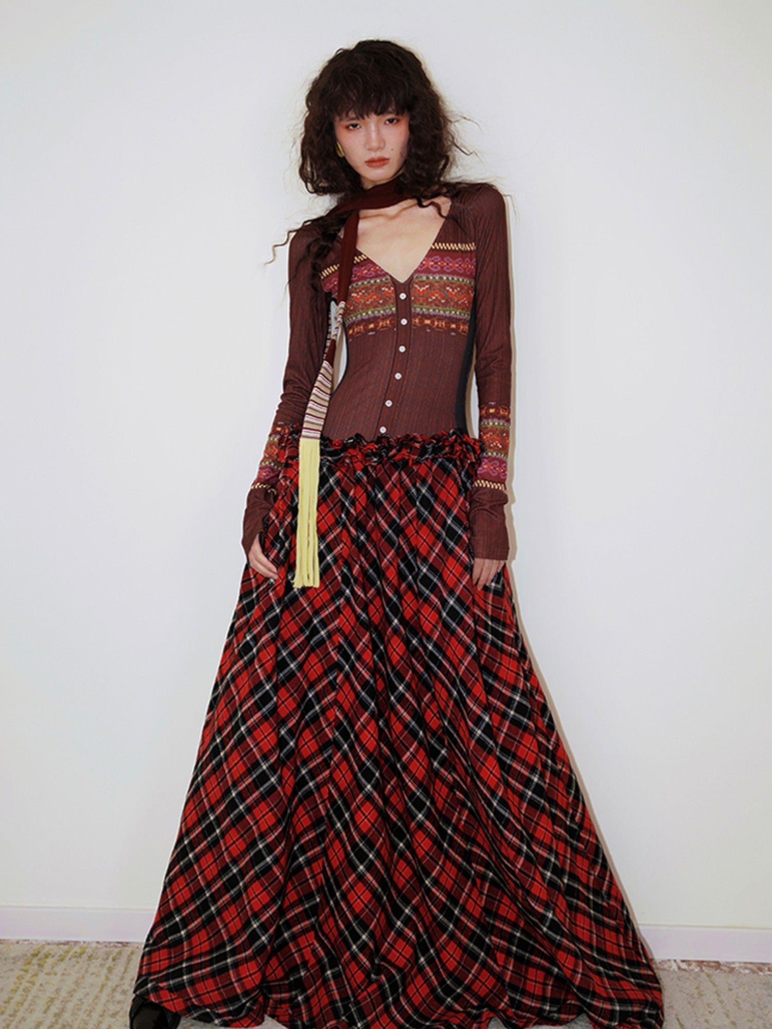 badtaste Western Fair Isle Print Plaid Patchwork Women's Cotton Casual Maxi Dresses