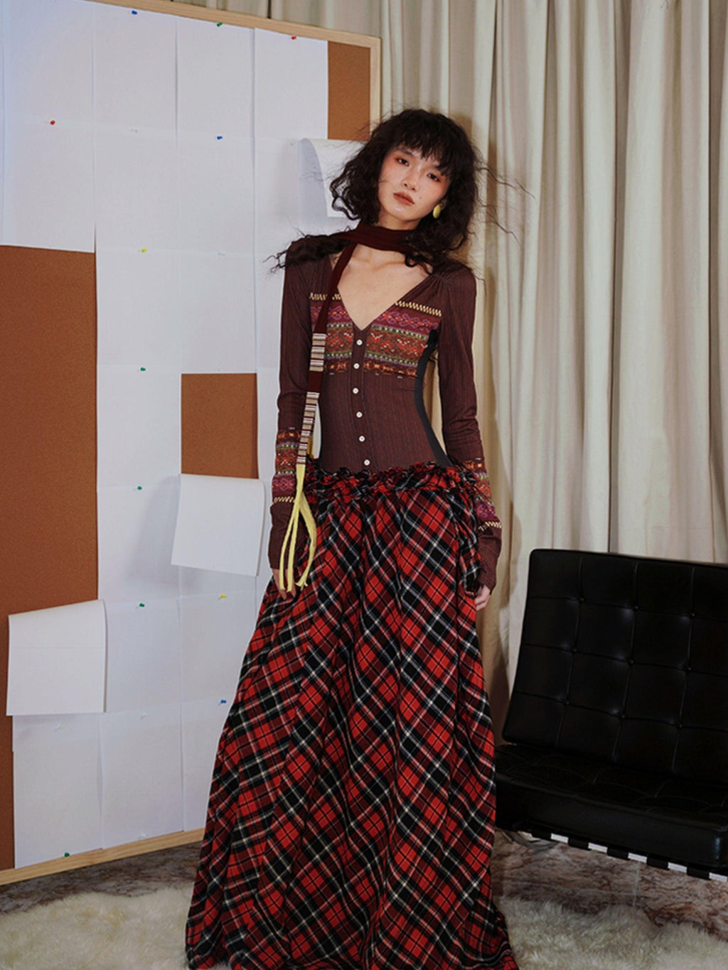 badtaste Western Fair Isle Print Plaid Patchwork Women's Cotton Casual Maxi Dresses