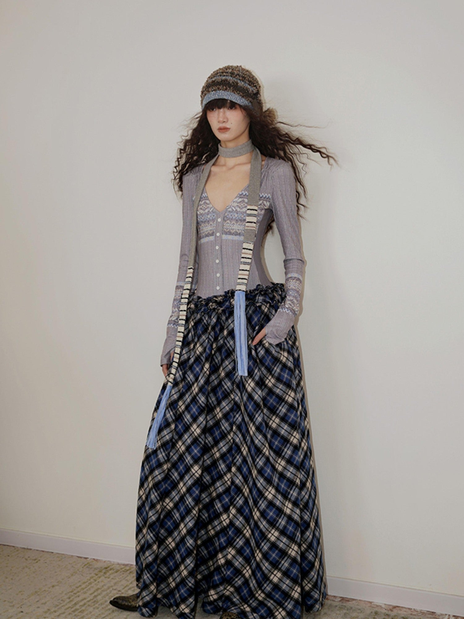 badtaste Western Fair Isle Print Plaid Patchwork Women's Cotton Casual Maxi Dresses