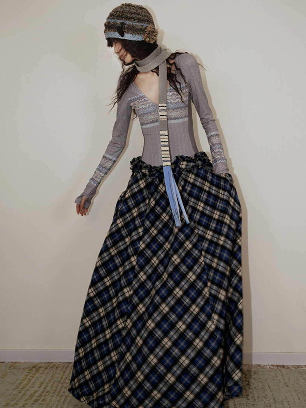 badtaste Western Fair Isle Print Plaid Patchwork Women's Cotton Casual Maxi Dresses