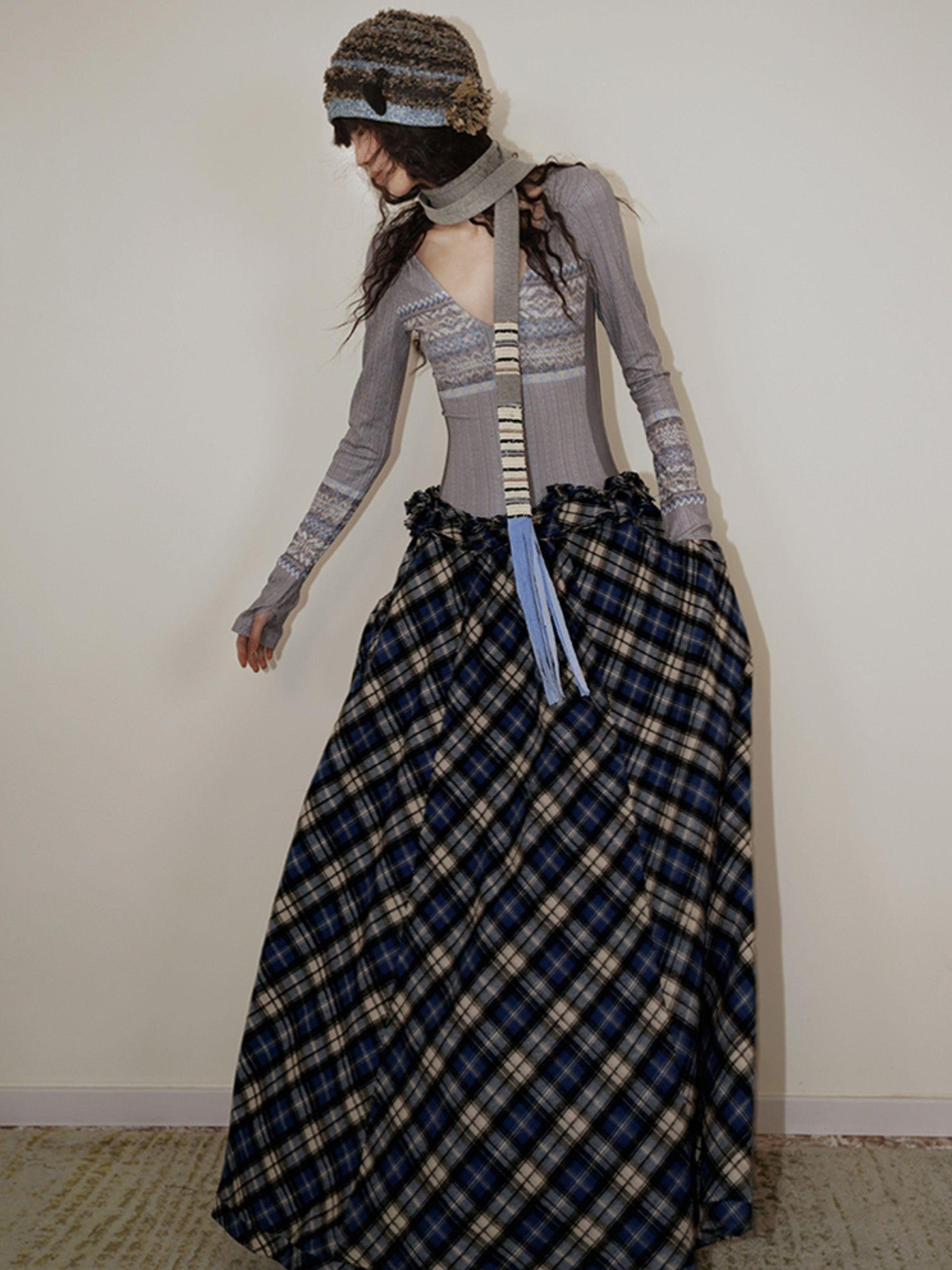 badtaste Western Fair Isle Print Plaid Patchwork Women's Cotton Casual Maxi Dresses