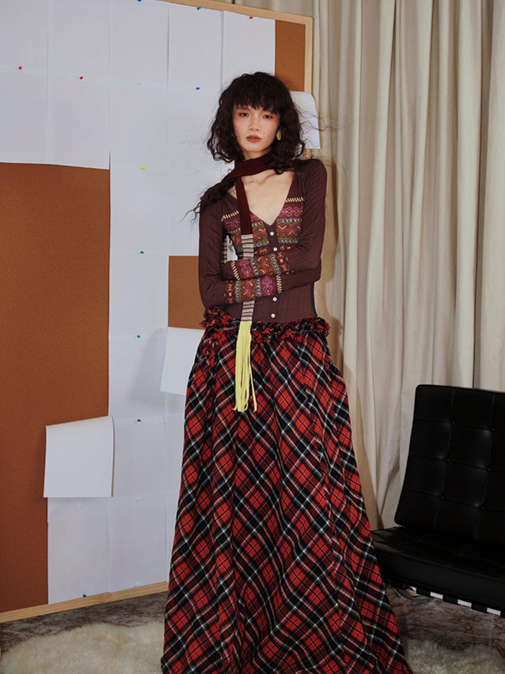 badtaste Western Fair Isle Print Plaid Patchwork Women's Cotton Casual Maxi Dresses