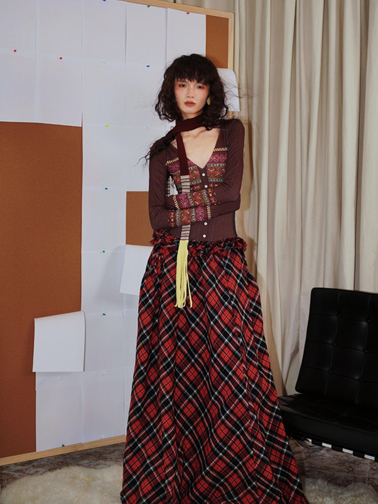 badtaste Western Fair Isle Print Plaid Patchwork Women's Cotton Casual Maxi Dresses