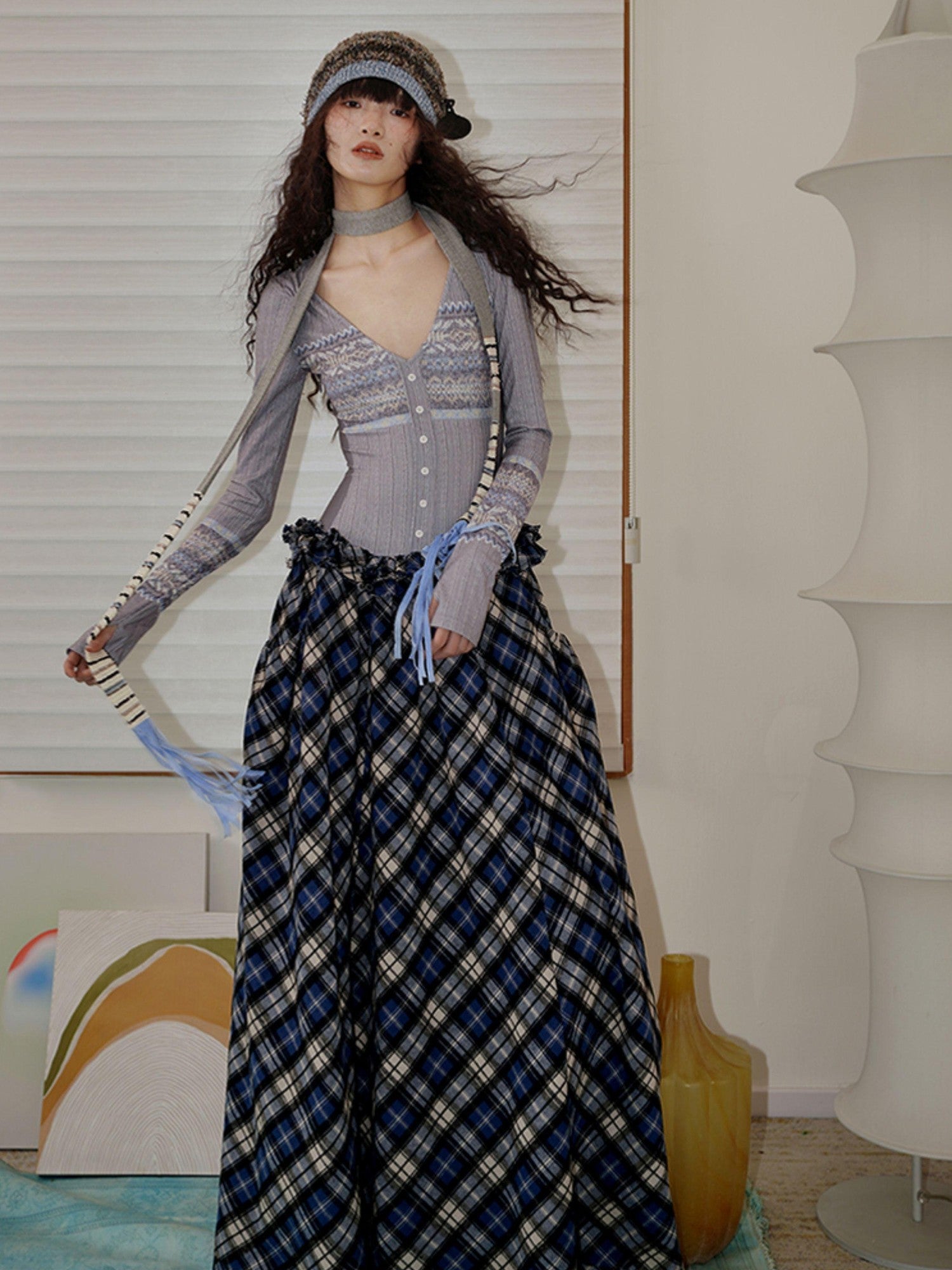 badtaste Western Fair Isle Print Plaid Patchwork Women's Cotton Casual Maxi Dresses