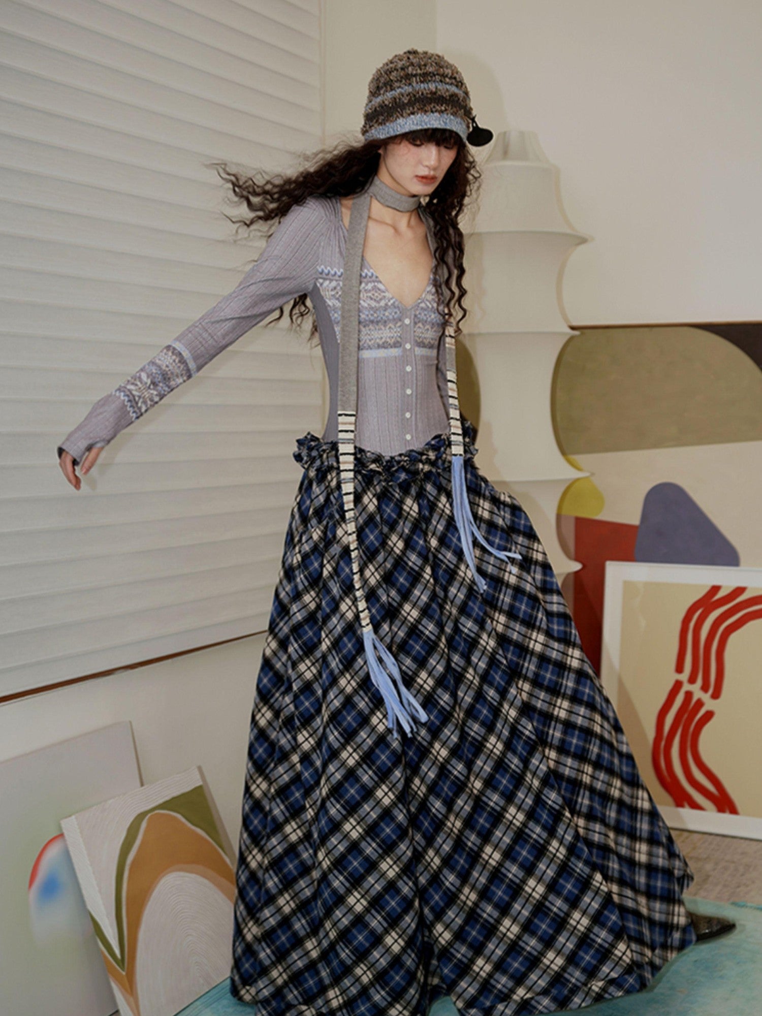 badtaste Western Fair Isle Print Plaid Patchwork Women's Cotton Casual Maxi Dresses