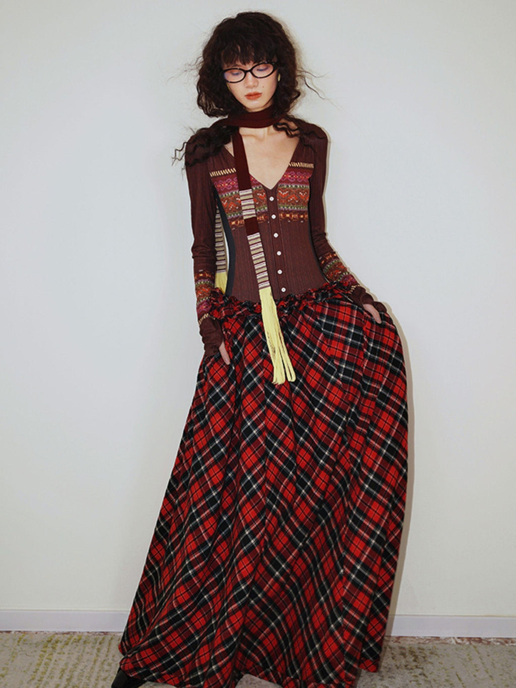 badtaste Western Fair Isle Print Plaid Patchwork Women's Cotton Casual Maxi Dresses