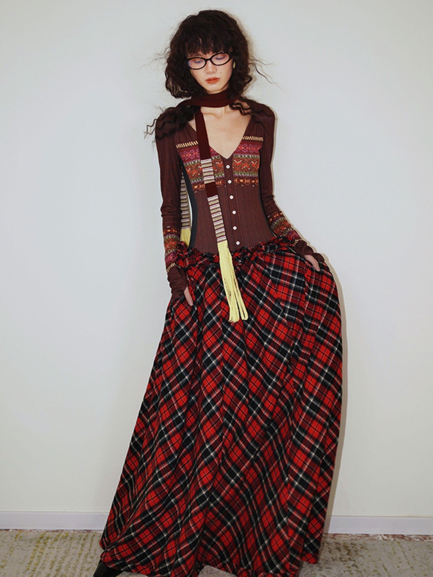 badtaste Western Fair Isle Print Plaid Patchwork Women's Cotton Casual Maxi Dresses
