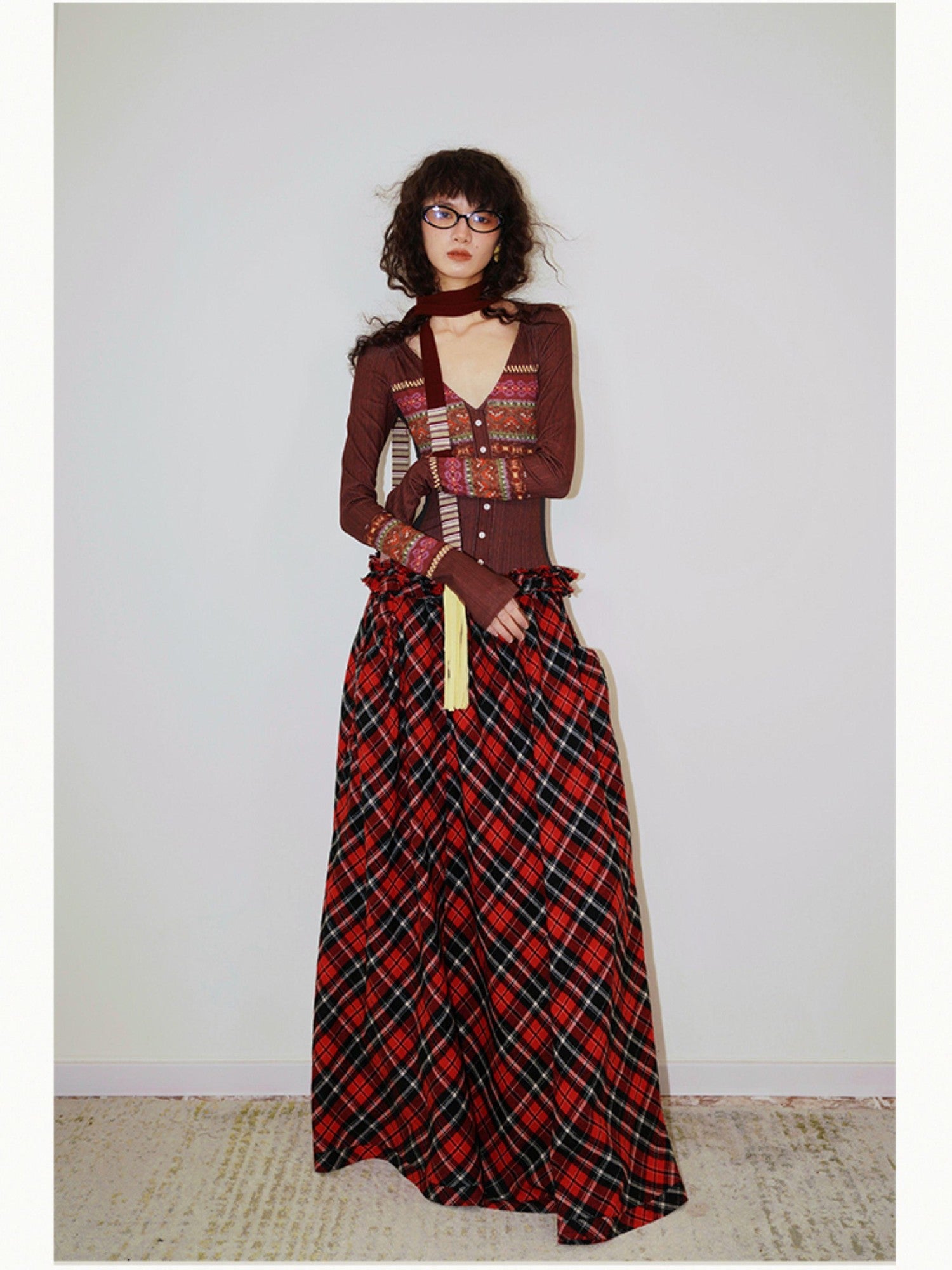 badtaste Western Fair Isle Print Plaid Patchwork Women's Cotton Casual Maxi Dresses