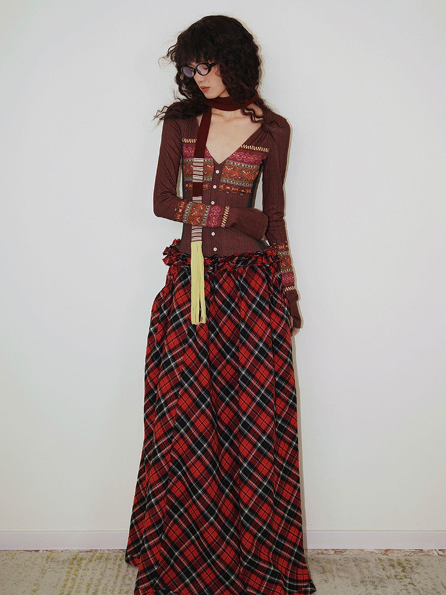 badtaste Western Fair Isle Print Plaid Patchwork Women's Cotton Casual Maxi Dresses