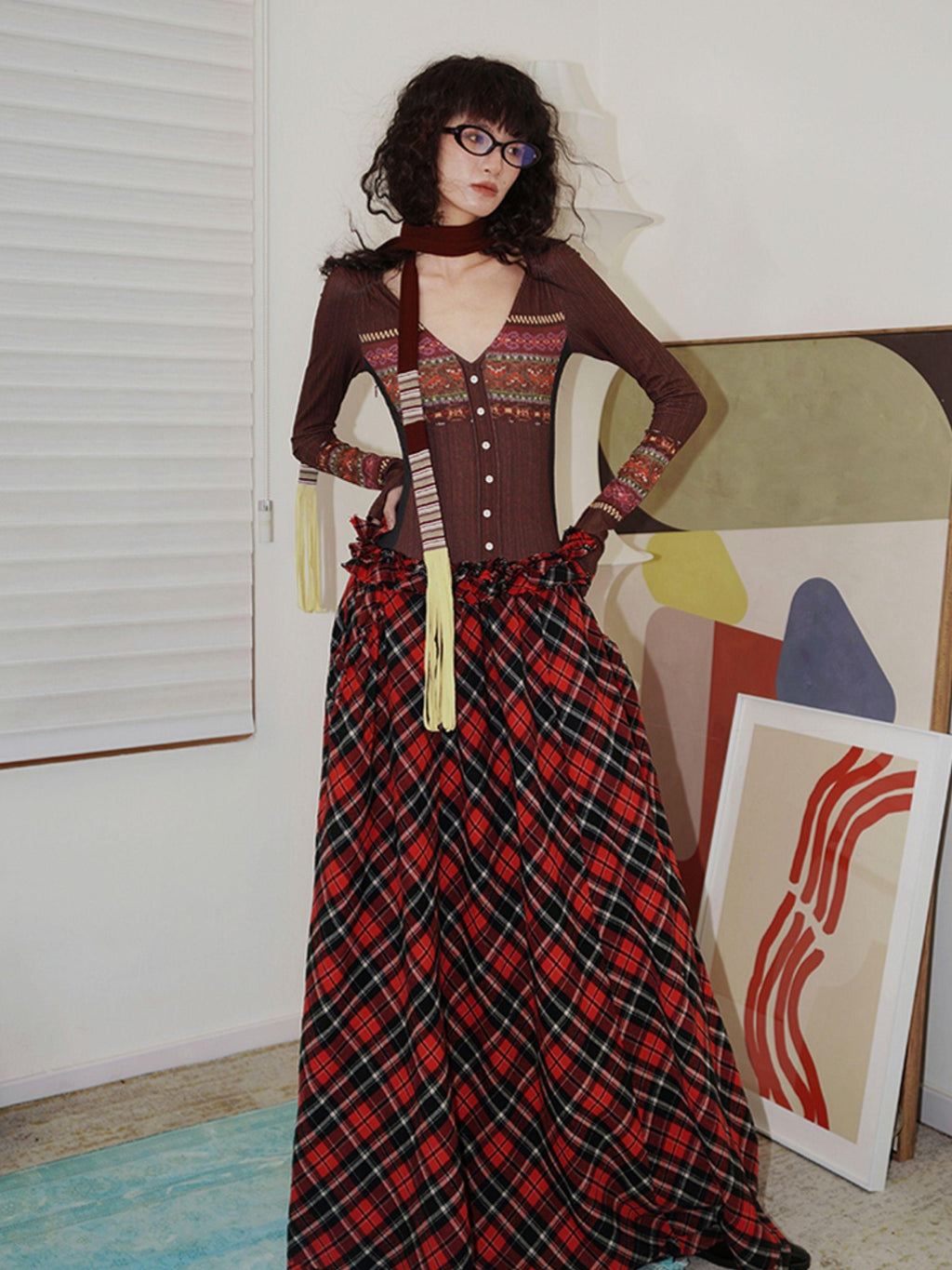 badtaste Western Fair Isle Print Plaid Patchwork Women's Cotton Casual Maxi Dresses