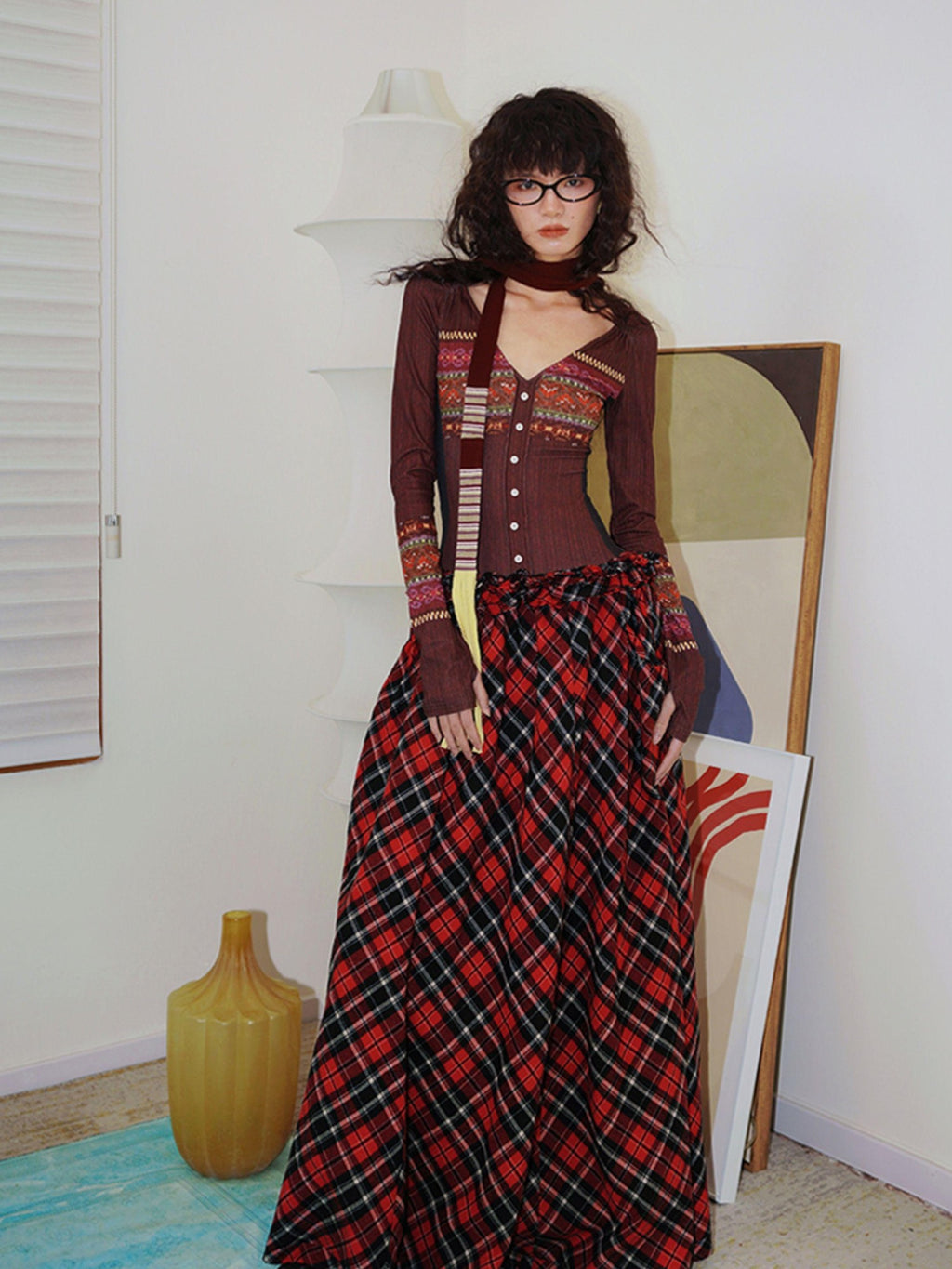badtaste Western Fair Isle Print Plaid Patchwork Women's Cotton Casual Maxi Dresses