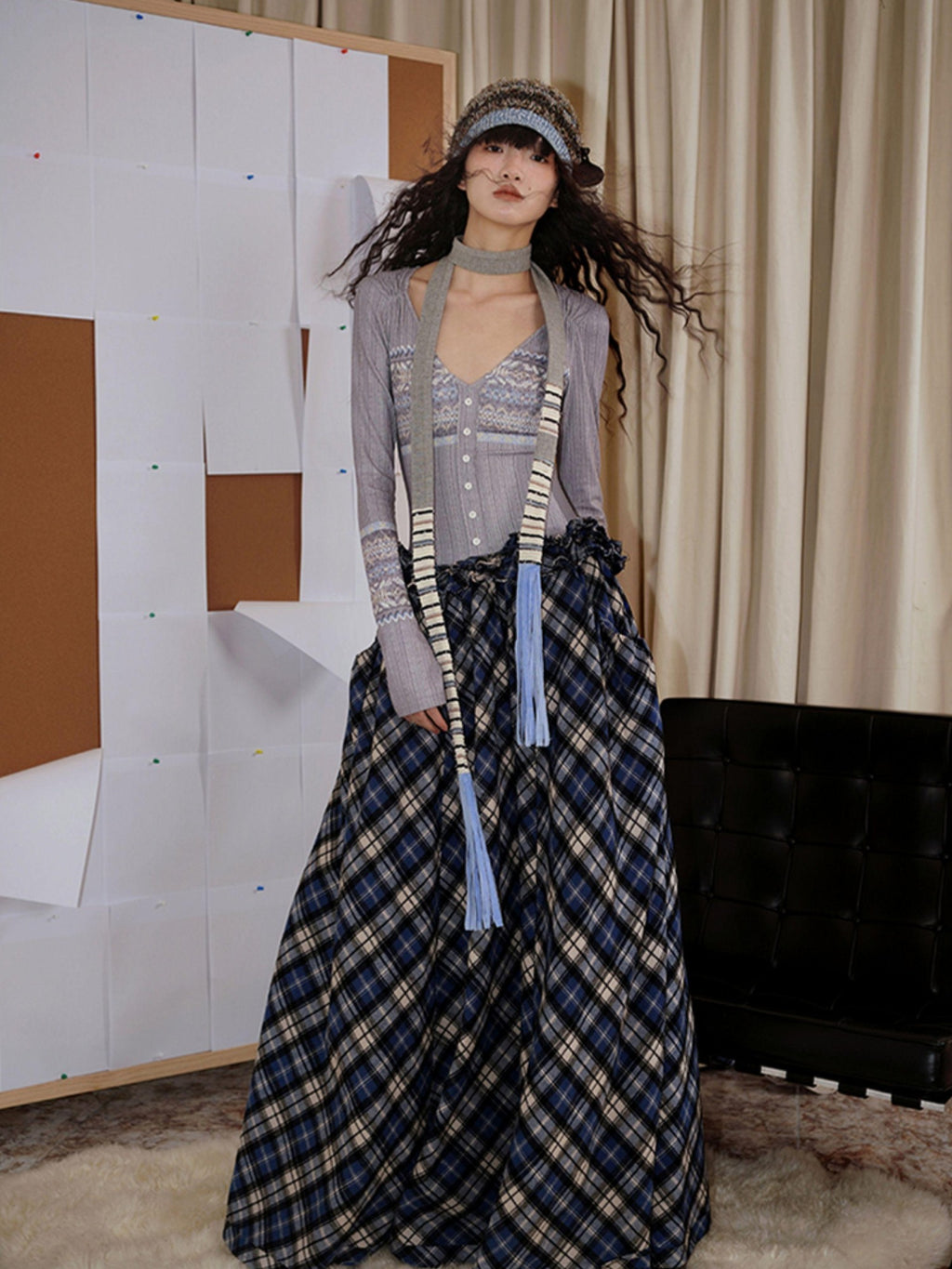 badtaste Western Fair Isle Print Plaid Patchwork Women's Cotton Casual Maxi Dresses