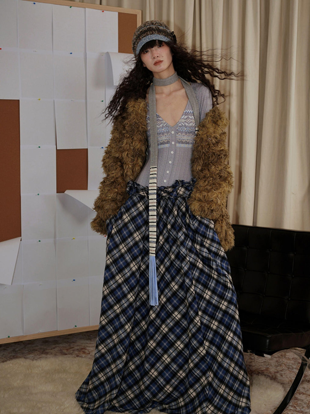 badtaste Western Fair Isle Print Plaid Patchwork Women's Cotton Casual Maxi Dresses