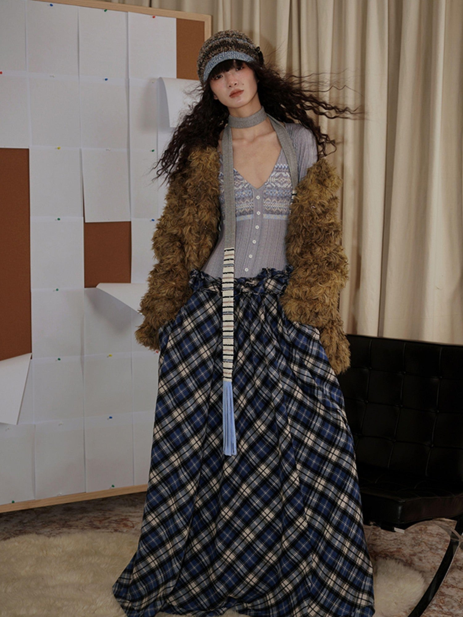 badtaste Western Fair Isle Print Plaid Patchwork Women's Cotton Casual Maxi Dresses