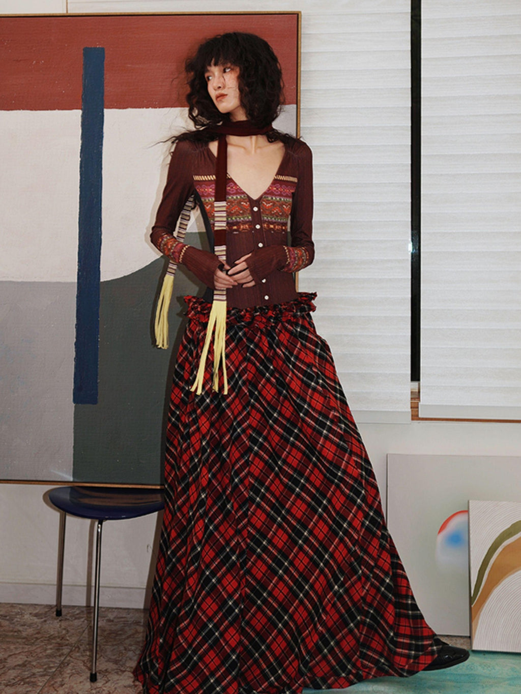 badtaste Western Fair Isle Print Plaid Patchwork Women's Cotton Casual Maxi Dresses