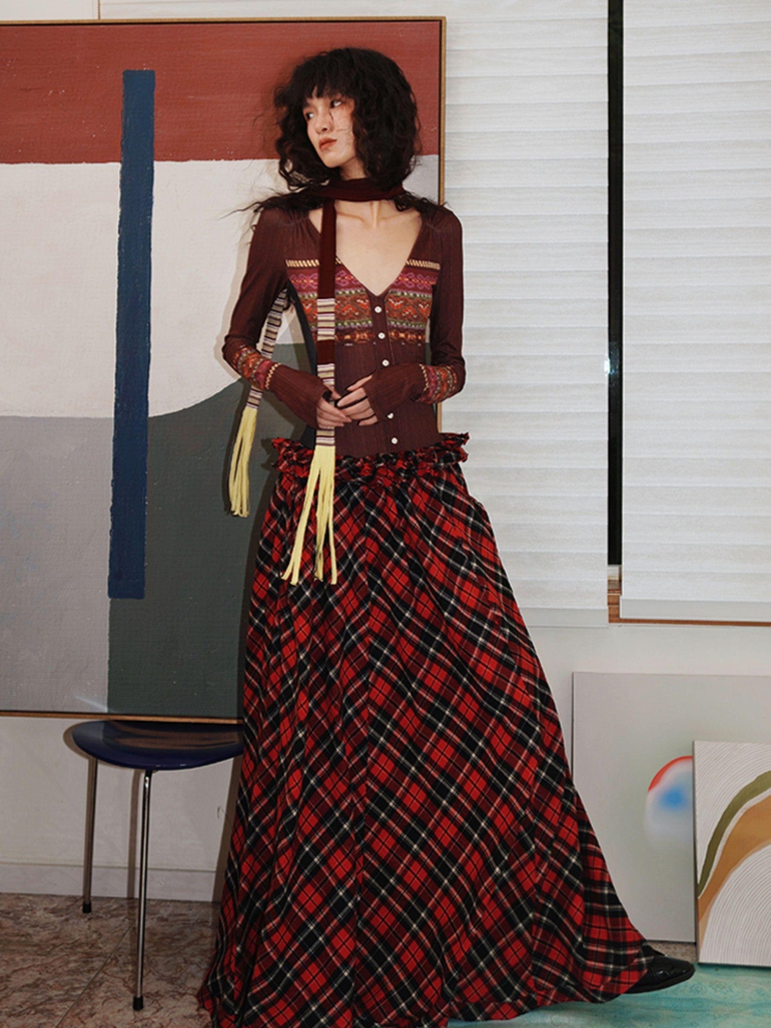 badtaste Western Fair Isle Print Plaid Patchwork Women's Cotton Casual Maxi Dresses