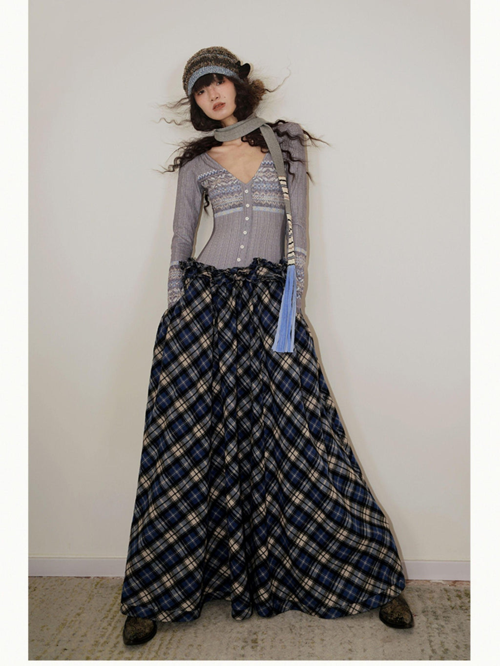 badtaste Western Fair Isle Print Plaid Patchwork Women's Cotton Casual Maxi Dresses
