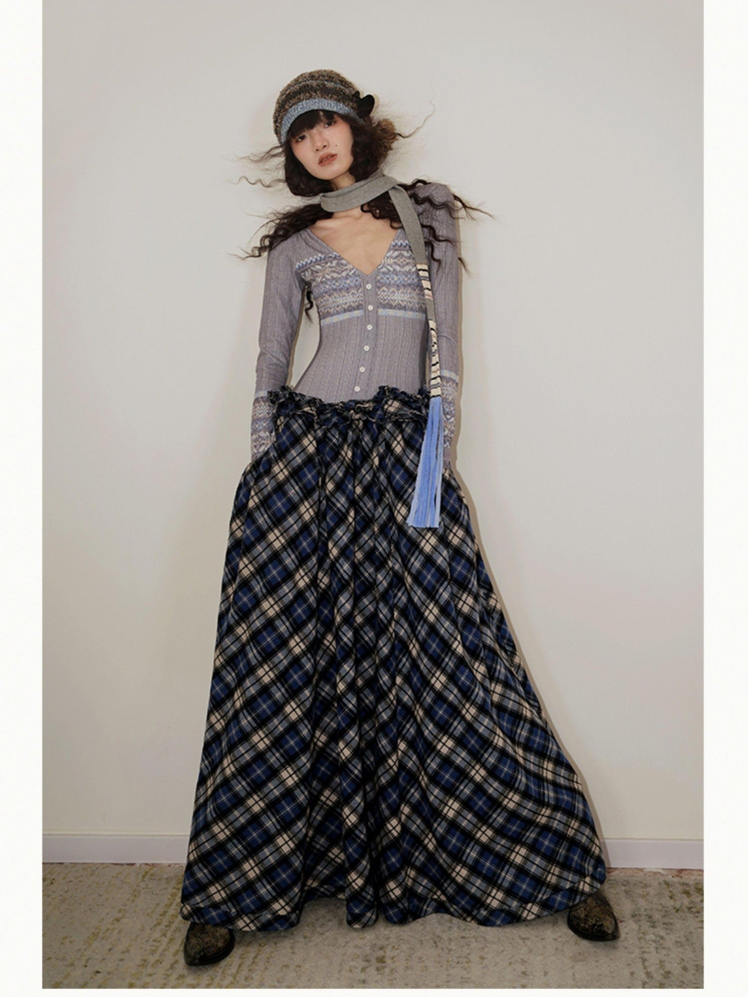 badtaste Western Fair Isle Print Plaid Patchwork Women's Cotton Casual Maxi Dresses
