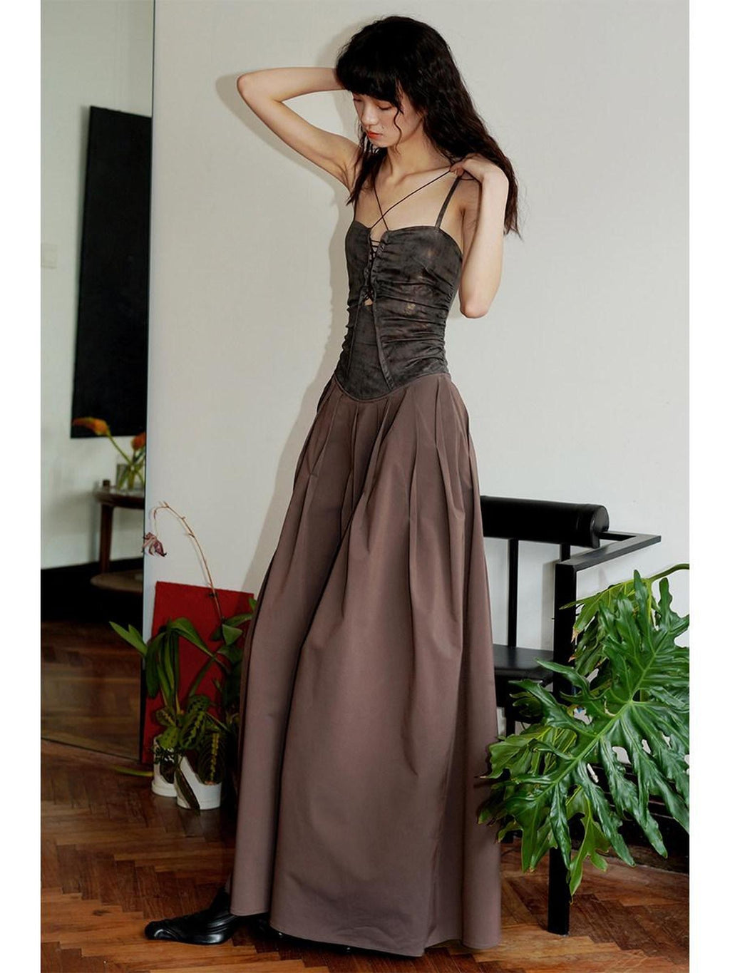 badtaste Western Faux Leather Patchwork Cutout Strappy Women's Slip Maxi Dresses
