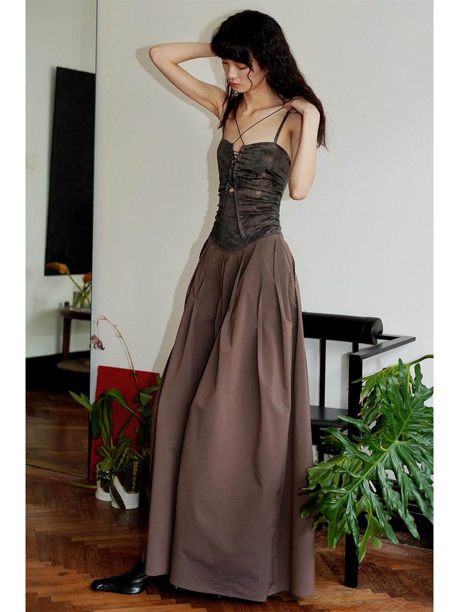 badtaste Western Faux Leather Patchwork Cutout Strappy Women's Slip Maxi Dresses