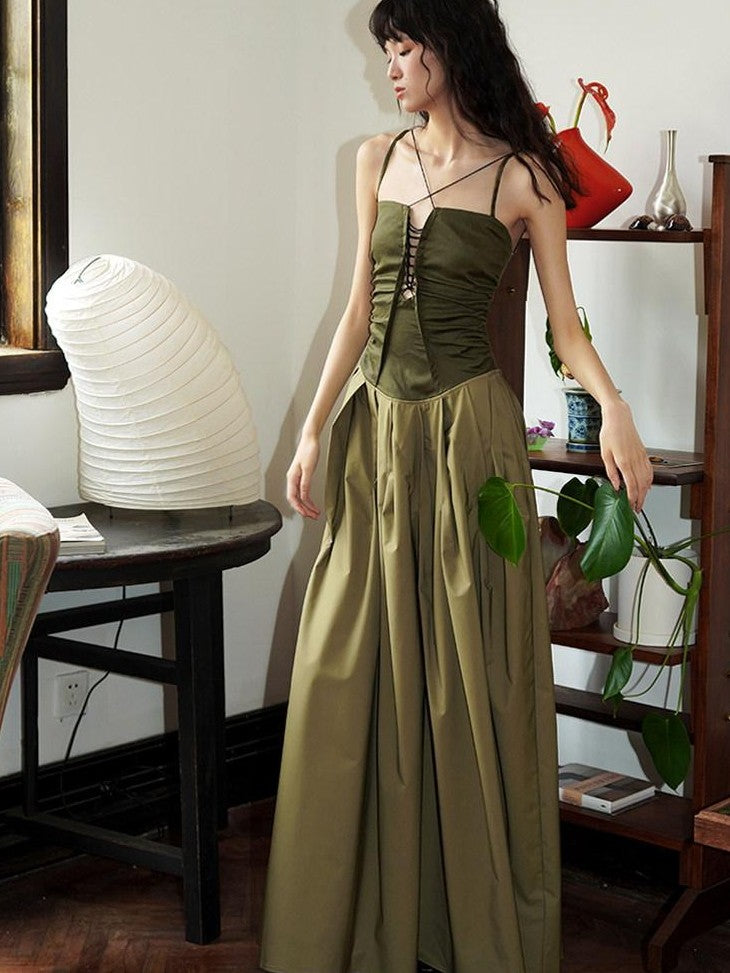 badtaste Western Faux Leather Patchwork Cutout Strappy Women's Slip Maxi Dresses