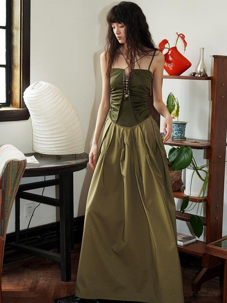 badtaste Western Faux Leather Patchwork Cutout Strappy Women's Slip Maxi Dresses