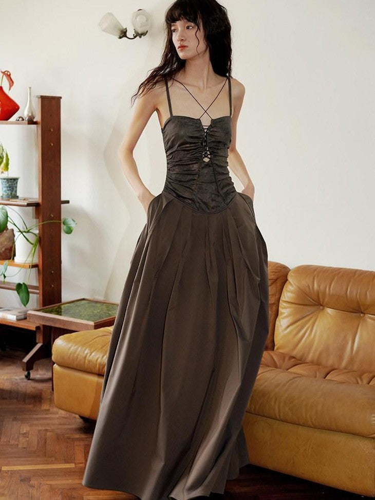 badtaste Western Faux Leather Patchwork Cutout Strappy Women's Slip Maxi Dresses