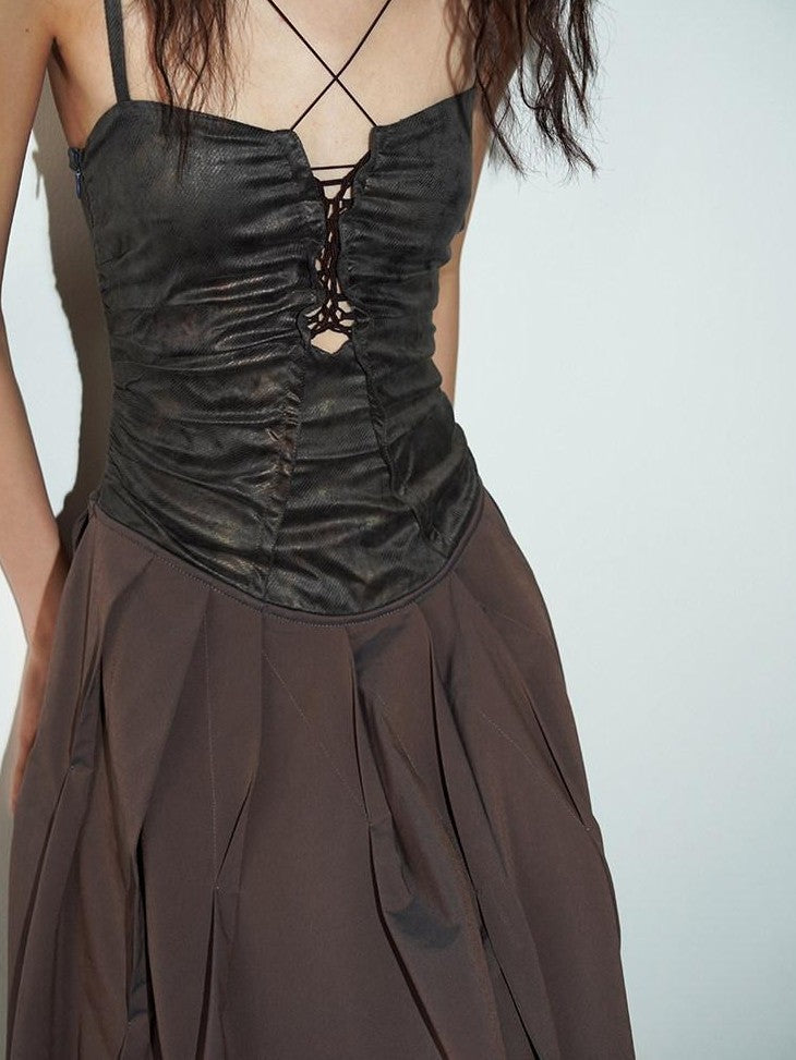 badtaste Western Faux Leather Patchwork Cutout Strappy Women's Slip Maxi Dresses