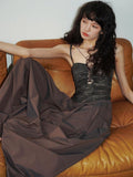 badtaste Western Faux Leather Patchwork Cutout Strappy Women's Slip Maxi Dresses