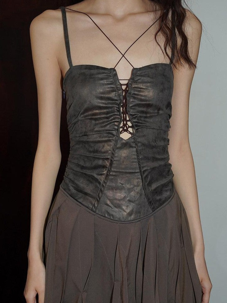 badtaste Western Faux Leather Patchwork Cutout Strappy Women's Slip Maxi Dresses
