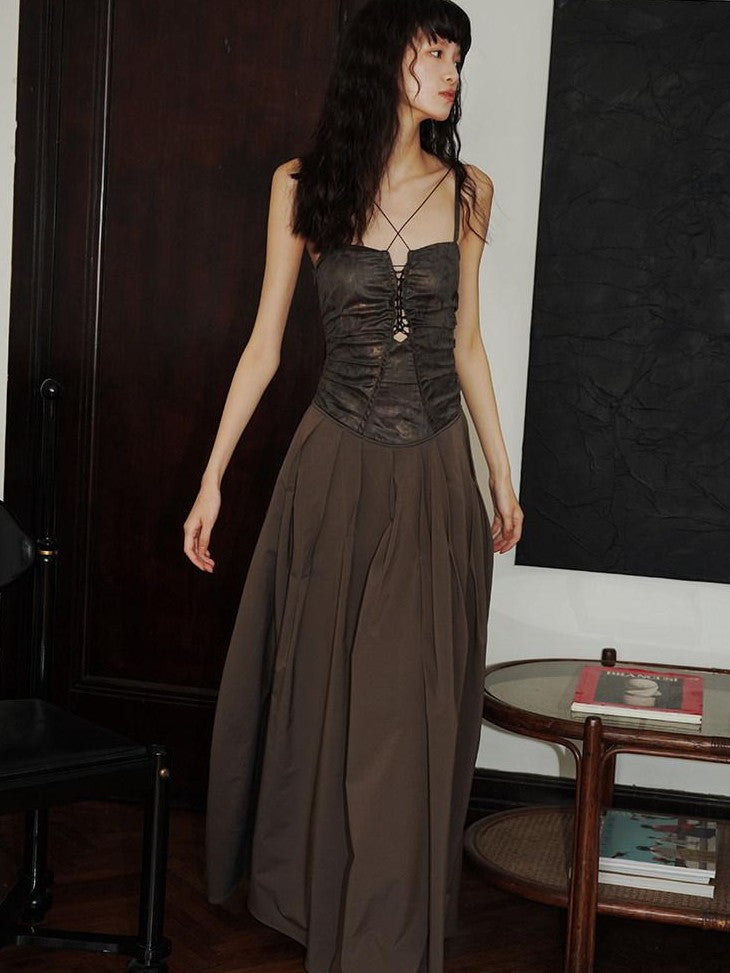 badtaste Western Faux Leather Patchwork Cutout Strappy Women's Slip Maxi Dresses