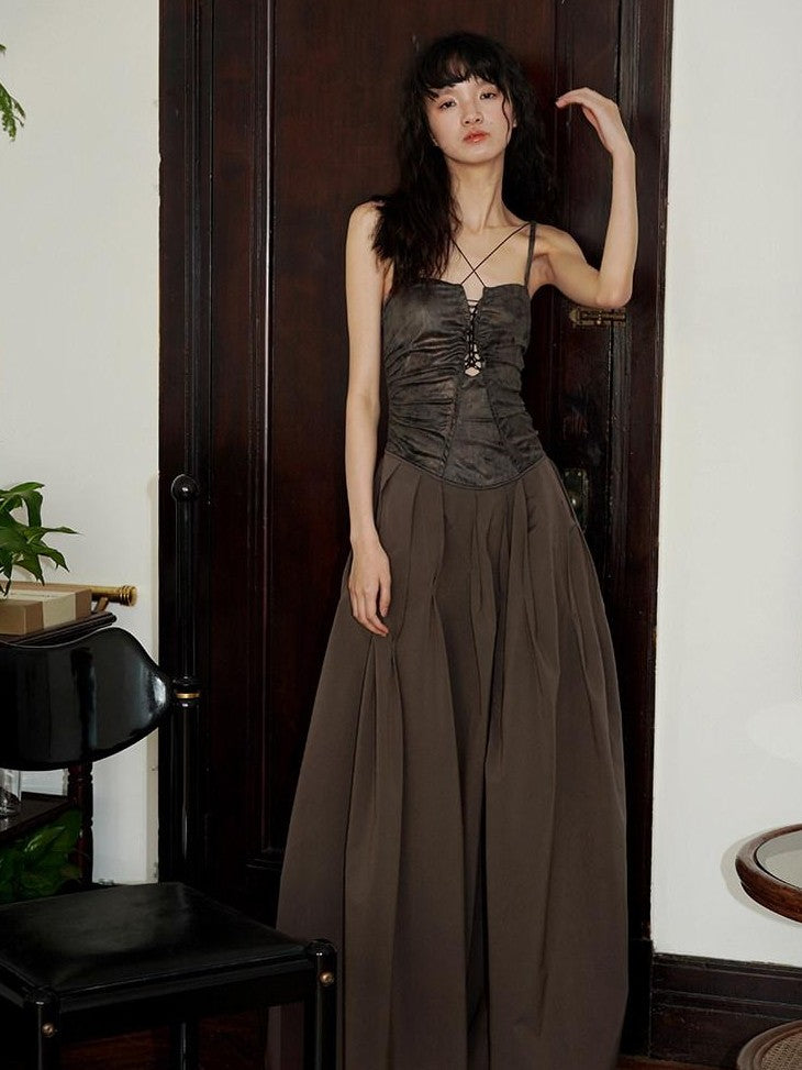 badtaste Western Faux Leather Patchwork Cutout Strappy Women's Slip Maxi Dresses