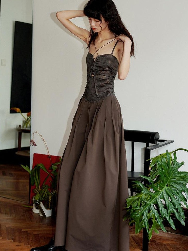 badtaste Western Faux Leather Patchwork Cutout Strappy Women's Slip Maxi Dresses