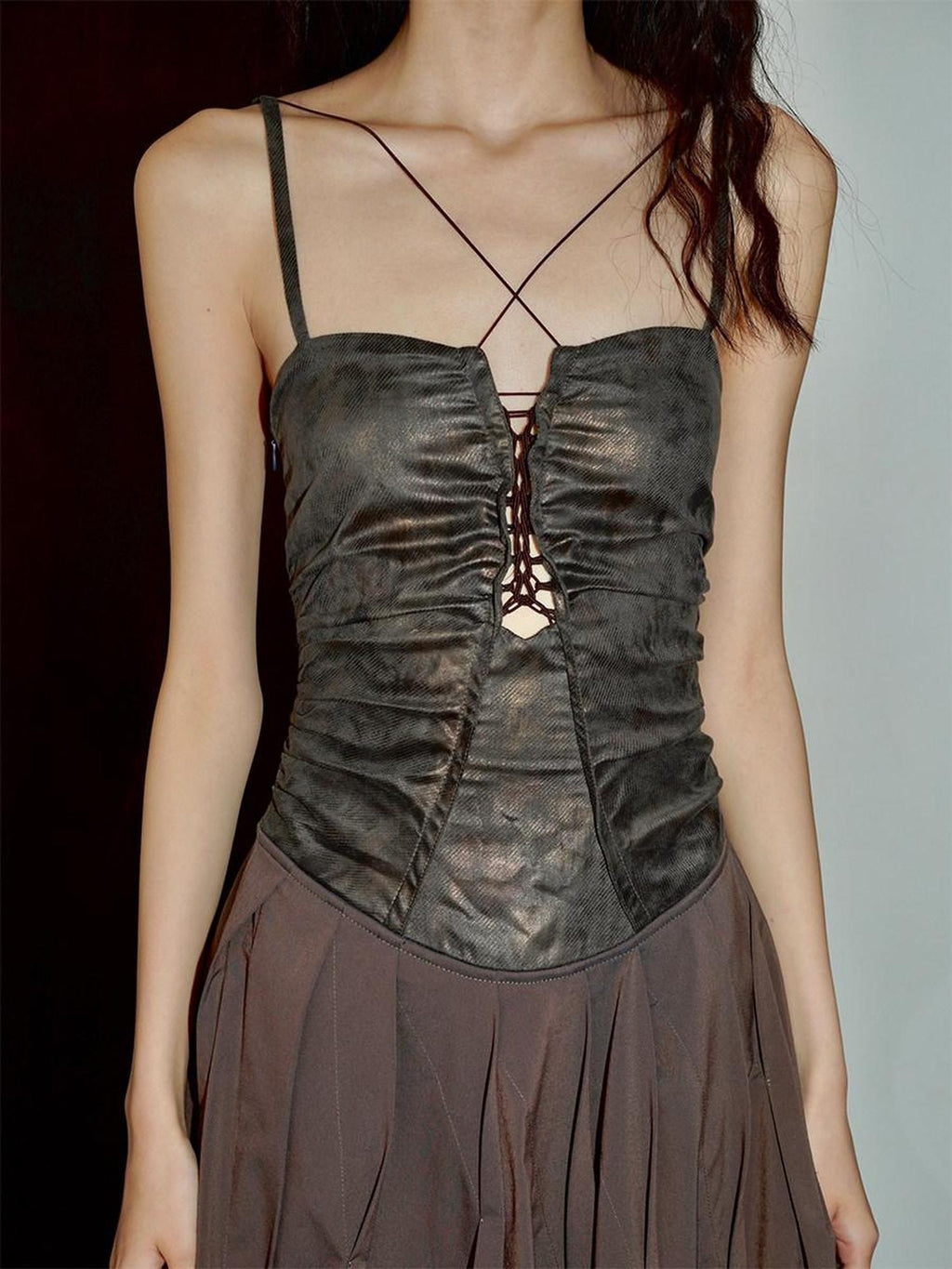 badtaste Western Faux Leather Patchwork Cutout Strappy Women's Slip Maxi Dresses