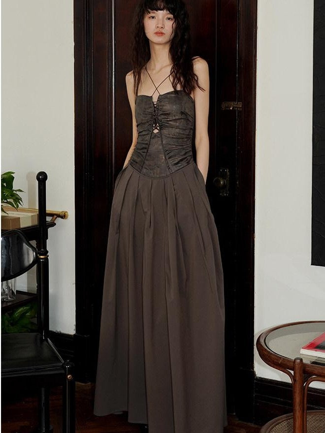 badtaste Western Faux Leather Patchwork Cutout Strappy Women's Slip Maxi Dresses