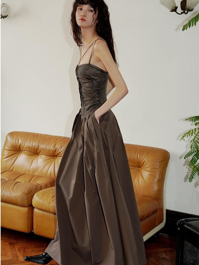 badtaste Western Faux Leather Patchwork Cutout Strappy Women's Slip Maxi Dresses