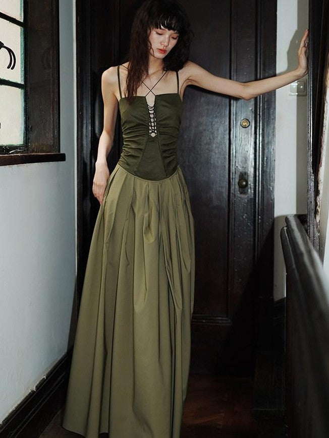 badtaste Western Faux Leather Patchwork Cutout Strappy Women's Slip Maxi Dresses