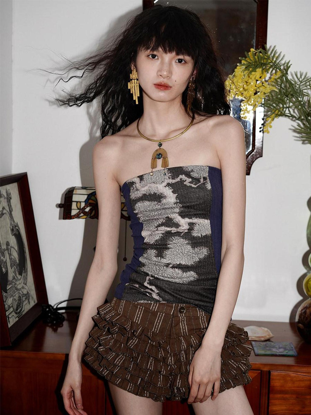 badtaste Western Floral Print Patchwork New Chinese Style Slim Fit Women's Tube Tops