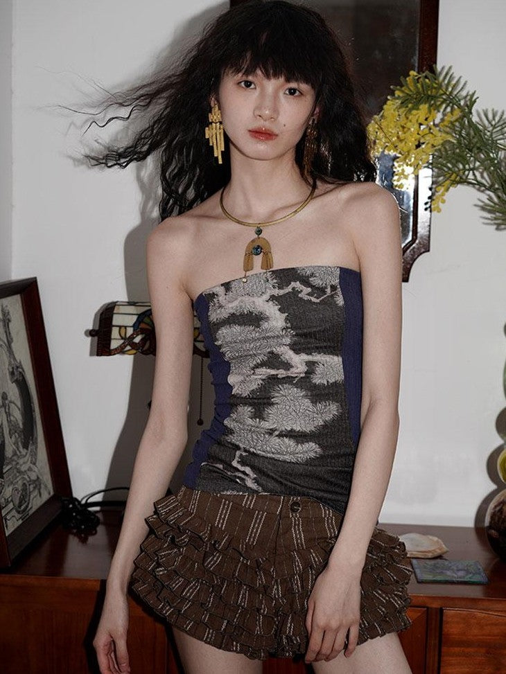 badtaste Western Floral Print Patchwork New Chinese Style Slim Fit Women's Tube Tops
