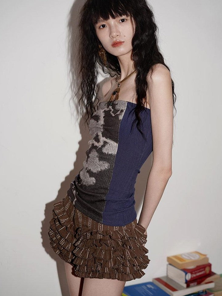 badtaste Western Floral Print Patchwork New Chinese Style Slim Fit Women's Tube Tops