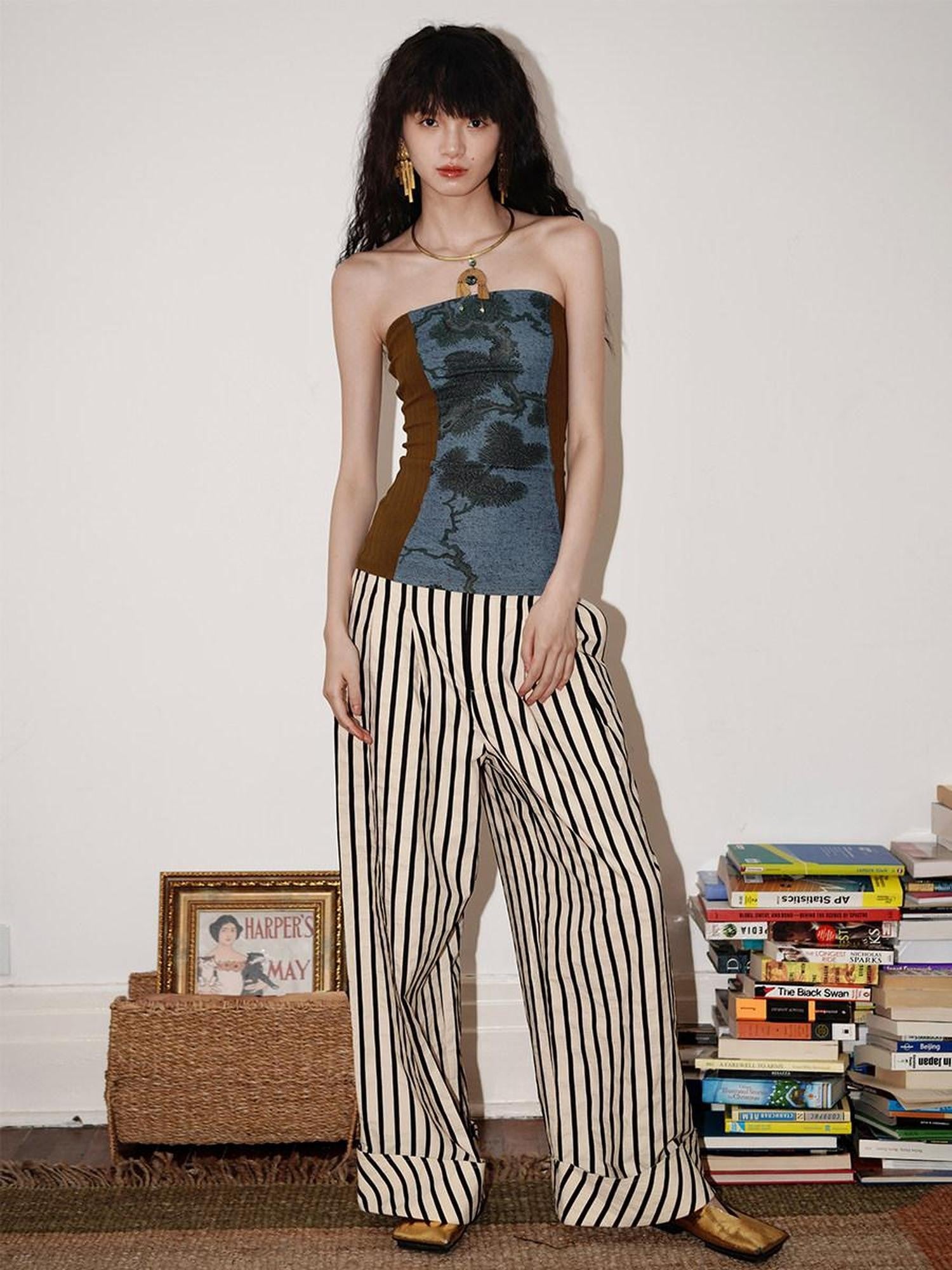 badtaste Western Floral Print Patchwork New Chinese Style Slim Fit Women's Tube Tops