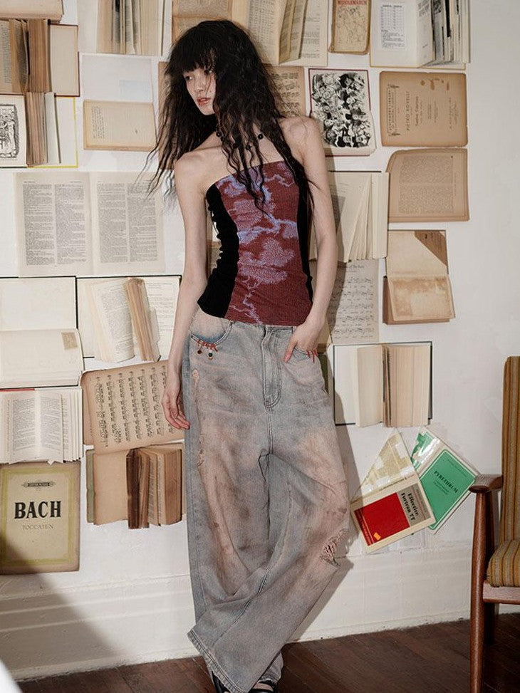 badtaste Western Floral Print Patchwork New Chinese Style Slim Fit Women's Tube Tops