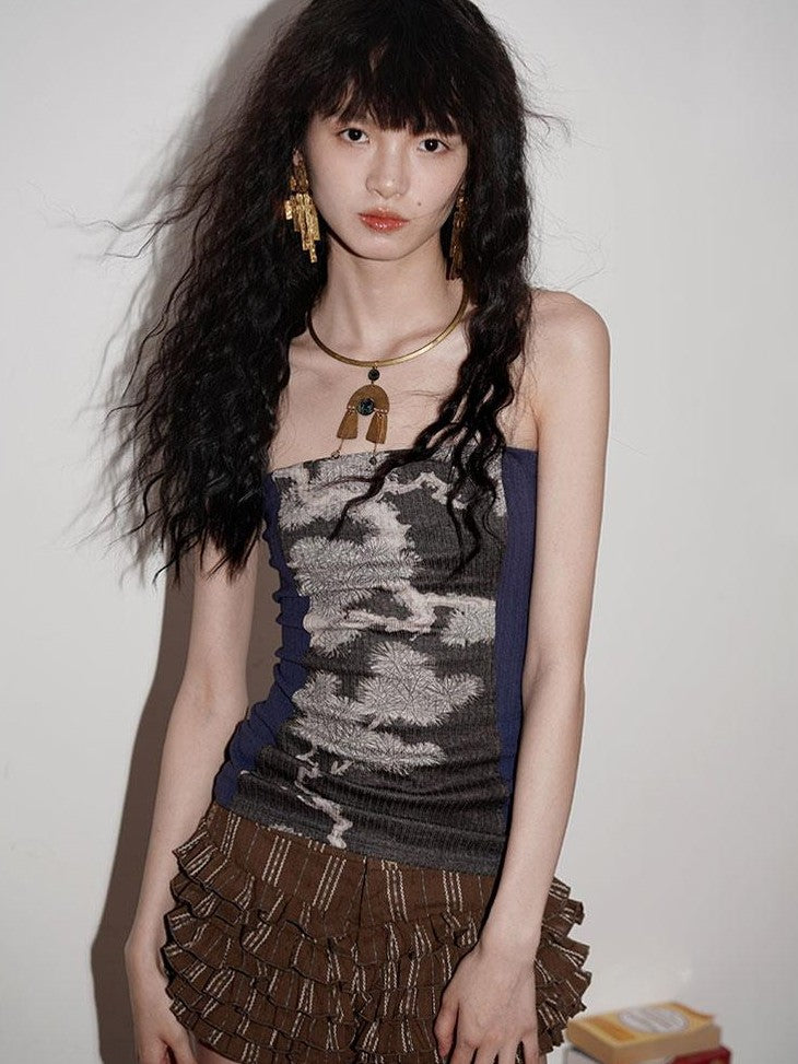 badtaste Western Floral Print Patchwork New Chinese Style Slim Fit Women's Tube Tops